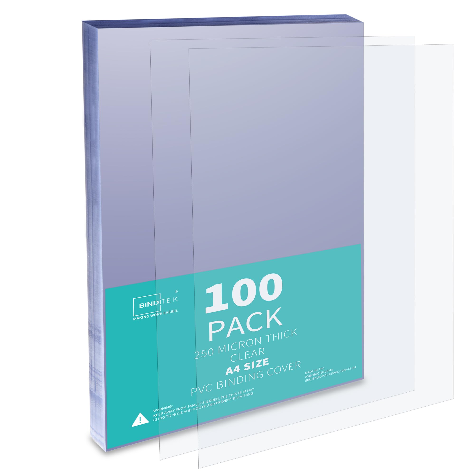 Binditek 100 Pack 250 Micron A4 Binding Covers, PVC Clear Binding Covers, Square Corners, Un-Punched, Office and School Supplies