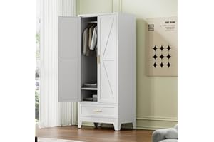 COFAR 71 Farmhouse Metal Wardrobe Closet with Hanging Rod, 2 Barn Doors, Adjustable Shelves, Steel Armoire with Drawer for Home, Bedroom White