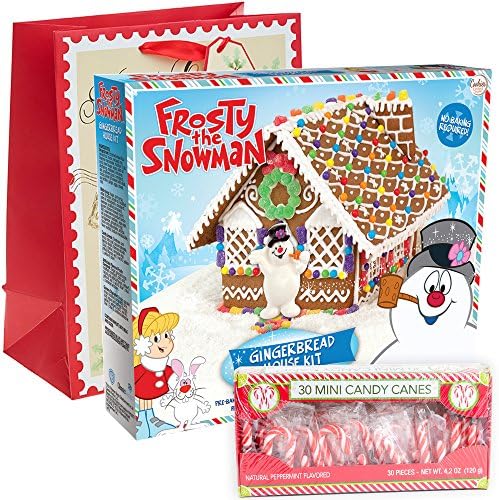 Frosty The Snowman Gingerbread House Kit Pre-baked + Pack of 30 Mini Peppermint Candy Cane + Holiday Themed Gift Basket Bag | Build It Yourself DIY Kit Fruity Gummies Mint Swirls Pre-made Icing.