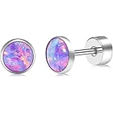 FACOKO Opal Stud Earrings for Women G23 Titanium Hypoallergenic Earrings Round Flat Back Ear Studs Minimalist Everyday Earring 3MM/4MM/5MM Available