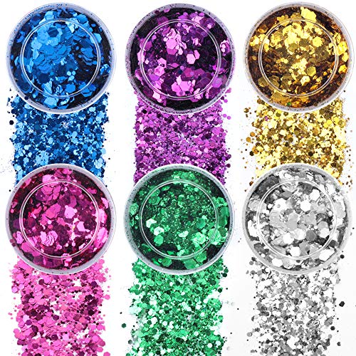 60g Chunky Glitter, HNYYZL 12 Boxes 5g Holographic Iridescent Chunky Glitter Body Glitter for Face, Arm, Hair, Nail Cosmetic, or for Festival,Party Decoration(Gold, Blue, Purple, Pink, Green, Silver)