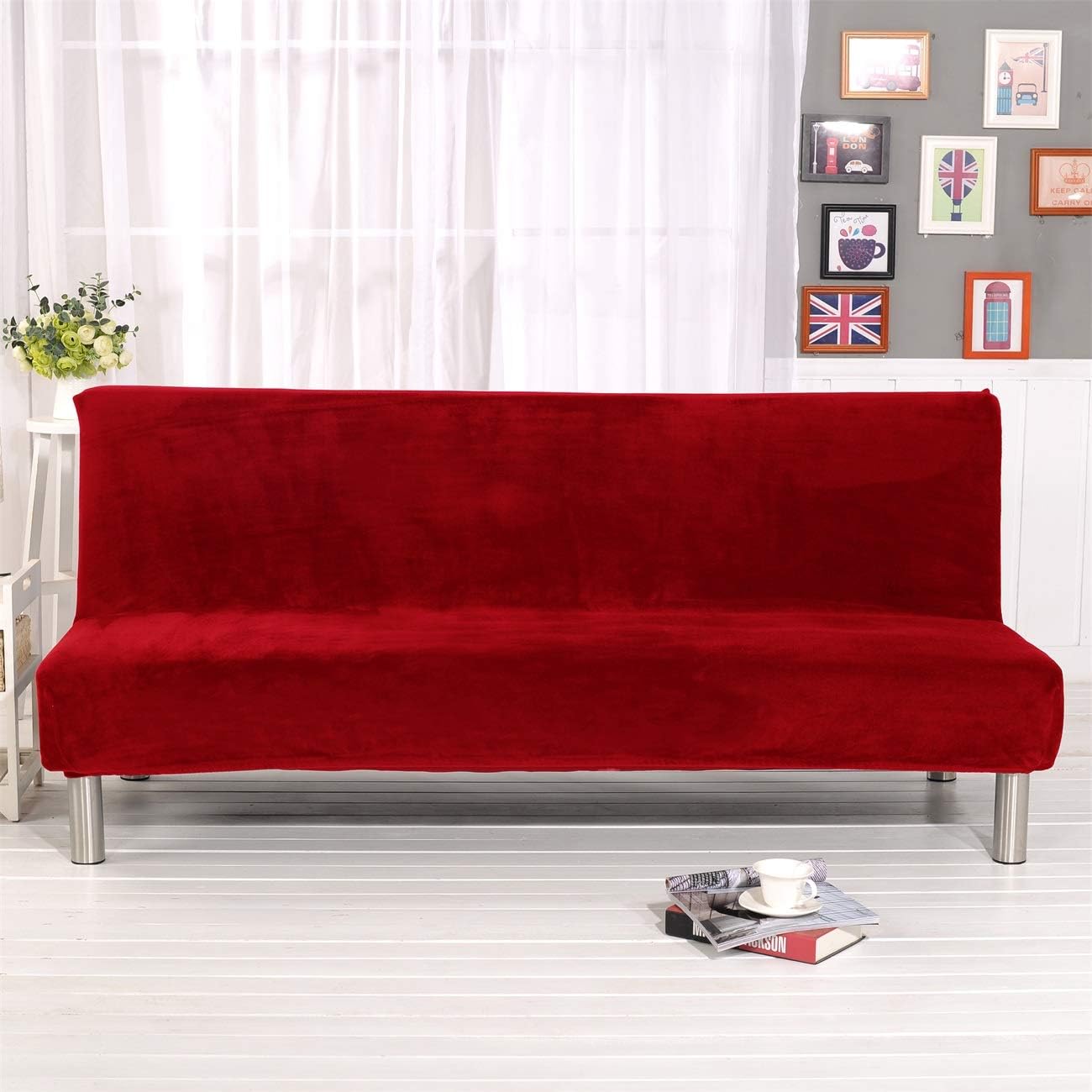 Red Velvet Plush Armless Sofa Slipcover,3 Seater Winter Thicker Stretch