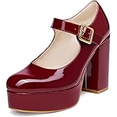 Coutgo Womens' T-Strap Round Toe Chunky Platform Heels Patent Mary Jane Dress Shoes