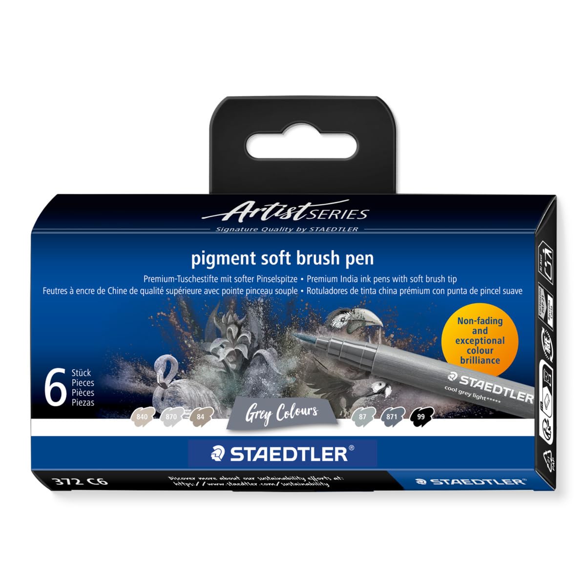 STAEDTLER 372 C6 Pigment Arts Soft Brush Pen - Assorted Grey Colours (Pack of 6)