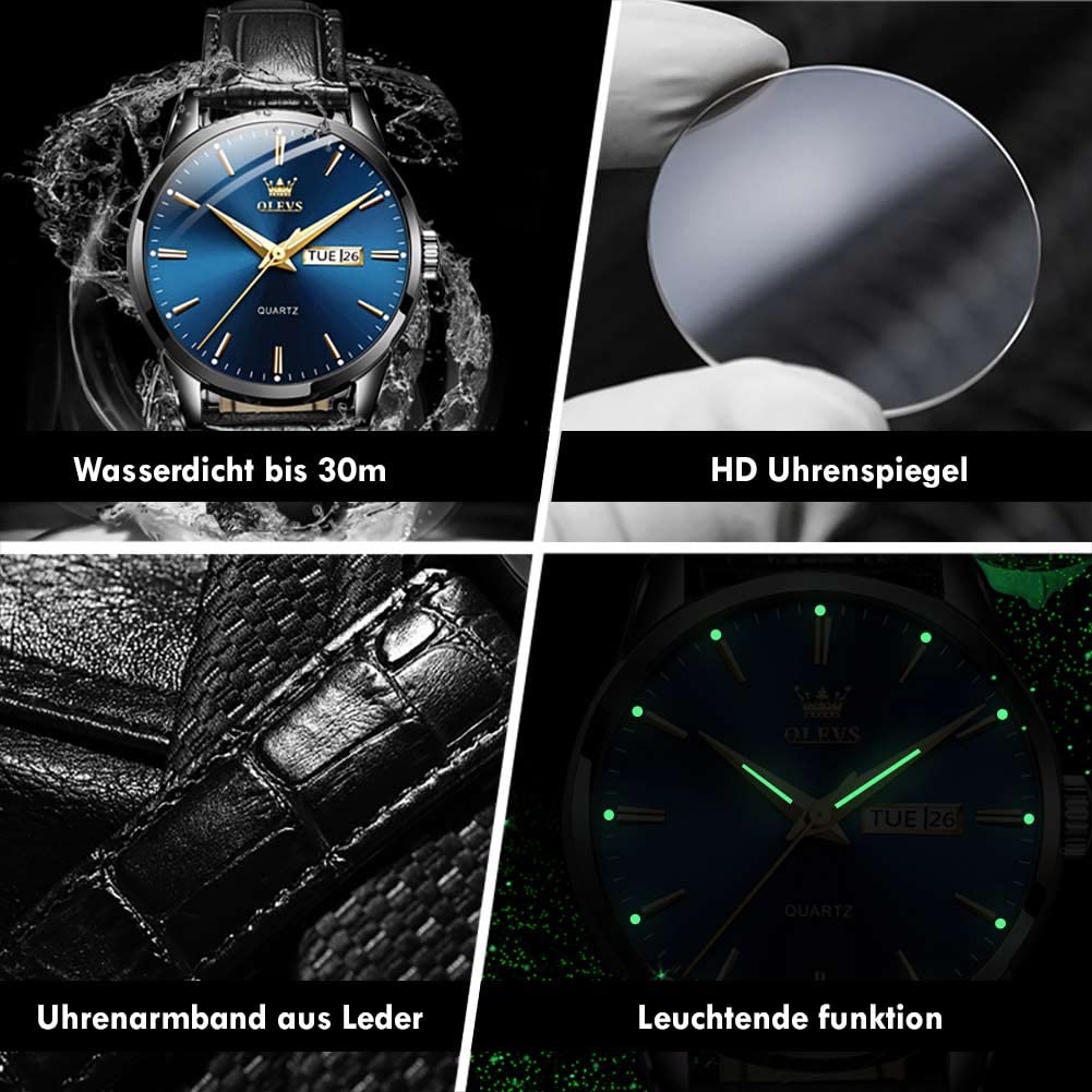 OLEVS Herrenuhren Blau Schwarz Lederarmband Quarz Uhr Männer mit Wochentag Datum Wasserdicht Leuchtende Klassische Elegantes Armbanduhr Geschenk 6