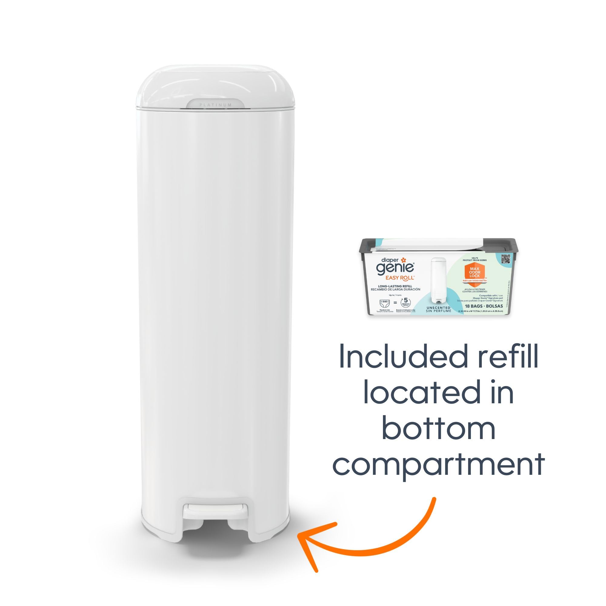 Diaper Genie Platinum Pail (Lilly White) is Made of Durable Stainless Steel and Includes 1 Easy Roll Refill with 18 Bags That can Last up to 5 Months.