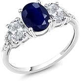 Gem Stone King 10K White Gold Blue Sapphire White Topaz and Diamond Accent 3-Stone Engagement Ring For Women | 2.84 Cttw | 3 Stone Wedding Anniversary Promise Ring For Women (Size 7.5)