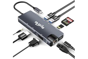ikling USB C Hub, 9-in-1 USB C Adapter with 4K USB C to HDMI, VGA, Gigabit Ethernet, 100W PD, 2 USB-A 5 Gbps, MicroSD/SD Card Reader, USB C Dock for Most Type-C Devices