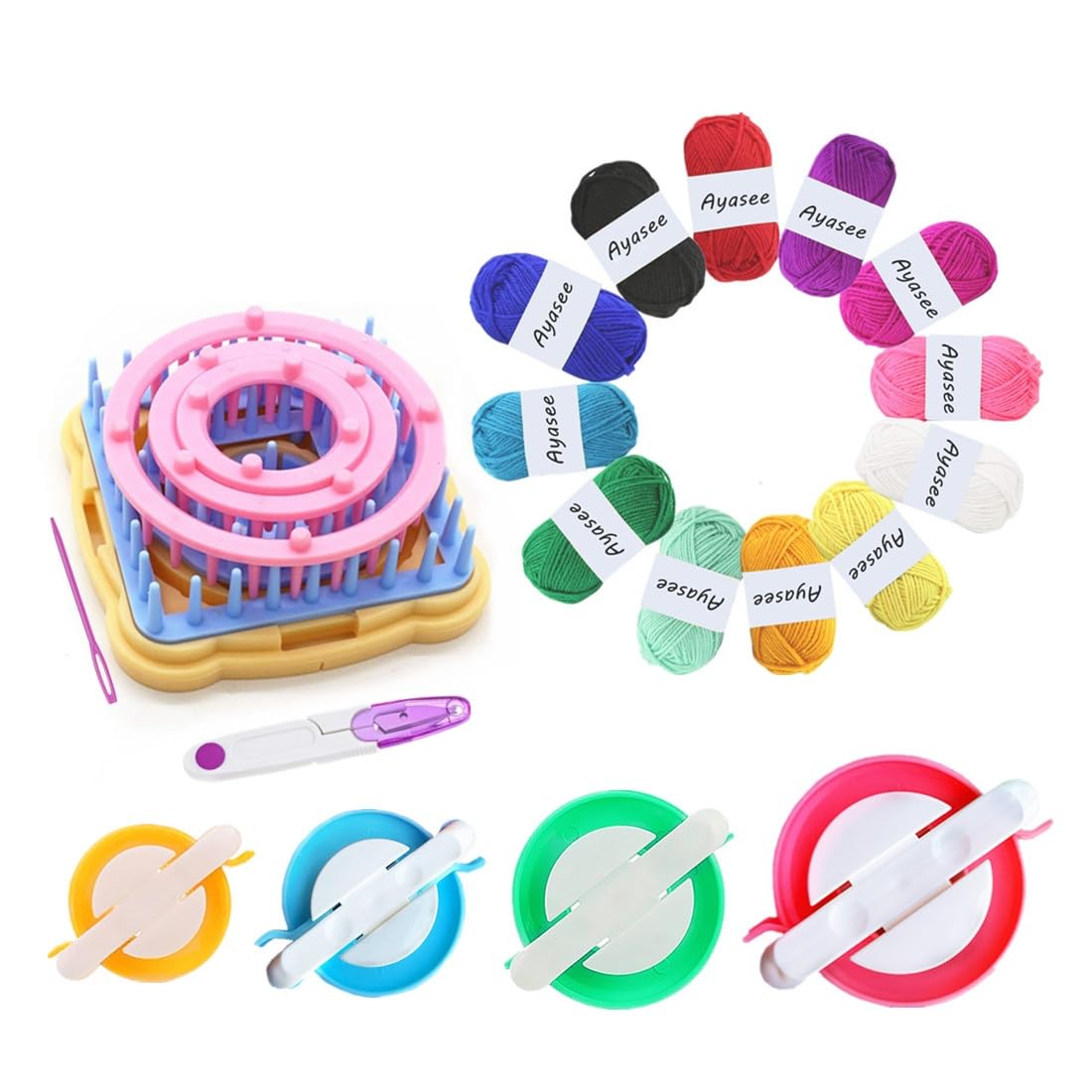 Ayasee Weaving Loom Kit, Flower Knitting Loom Kit, Frame Looms, Knitting Wool, Round/Square Knitting Looms Craft Kit Multi Color (Flower Maker + Pom Maker + Yarn)