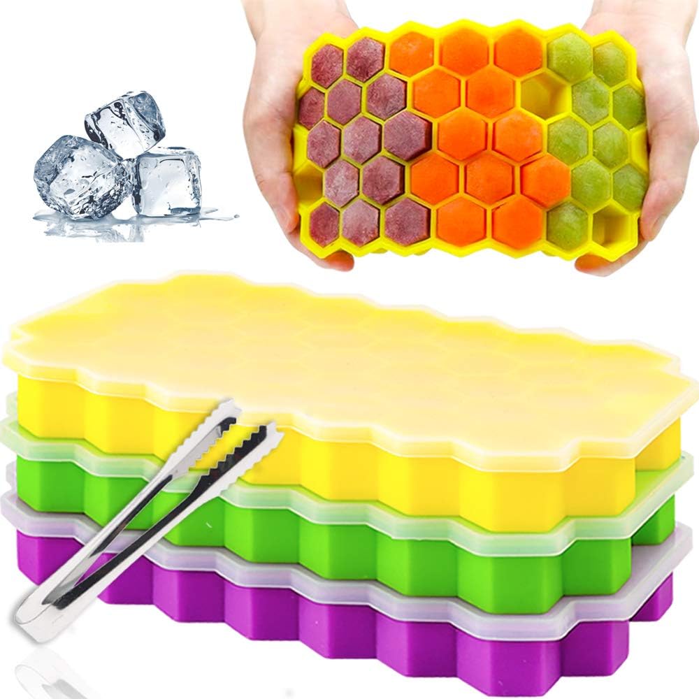BAKHUK 3pcs Silicone Ice Cube Trays with Lids, 111 Cavity Honeycomb Food Grade Silicone Stackable Ice Mold for Cocktails, Whiskey and Ice Drinks