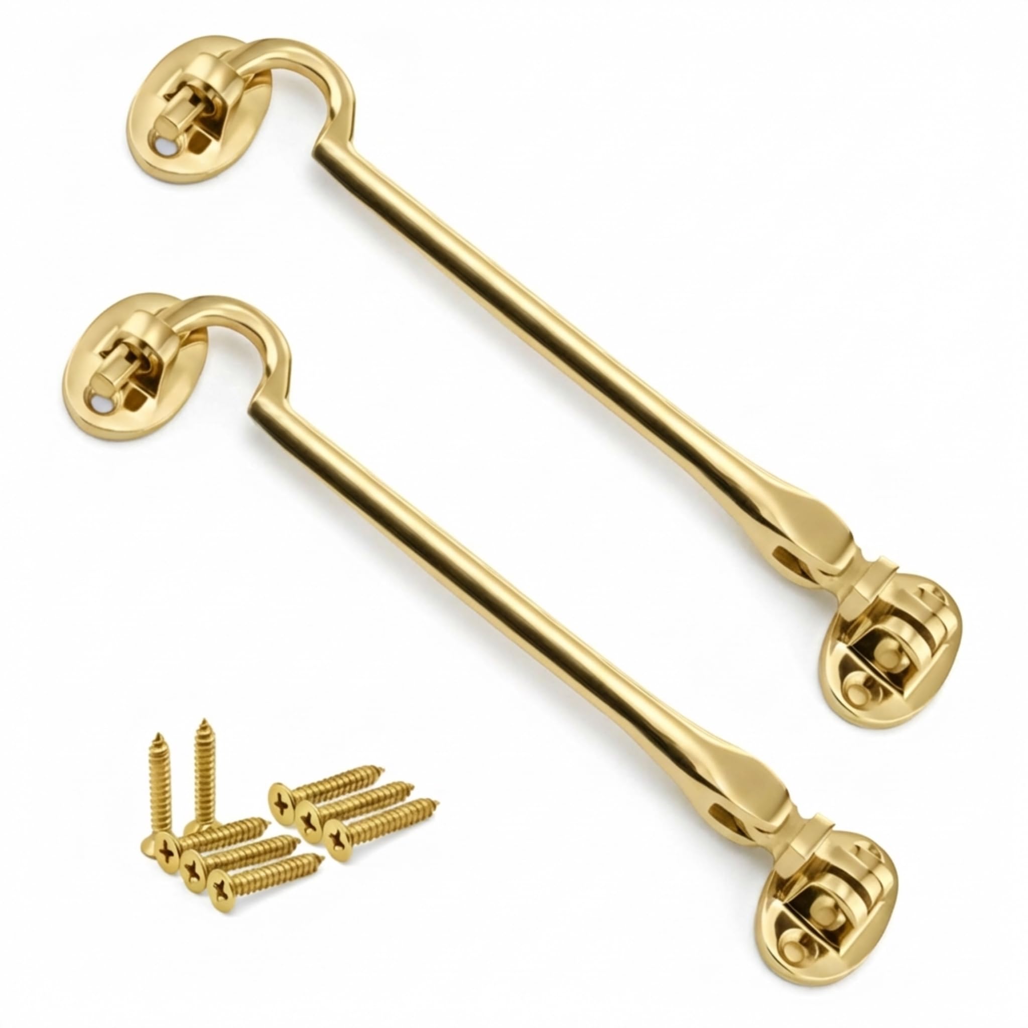 Pack 2 Brass Cabin Hook Silent Type 150mm – Heavy Duty Solid Brass Door Latch for Gates, Sheds, Windows & Cupboards – Traditional Quiet Design with Fixings