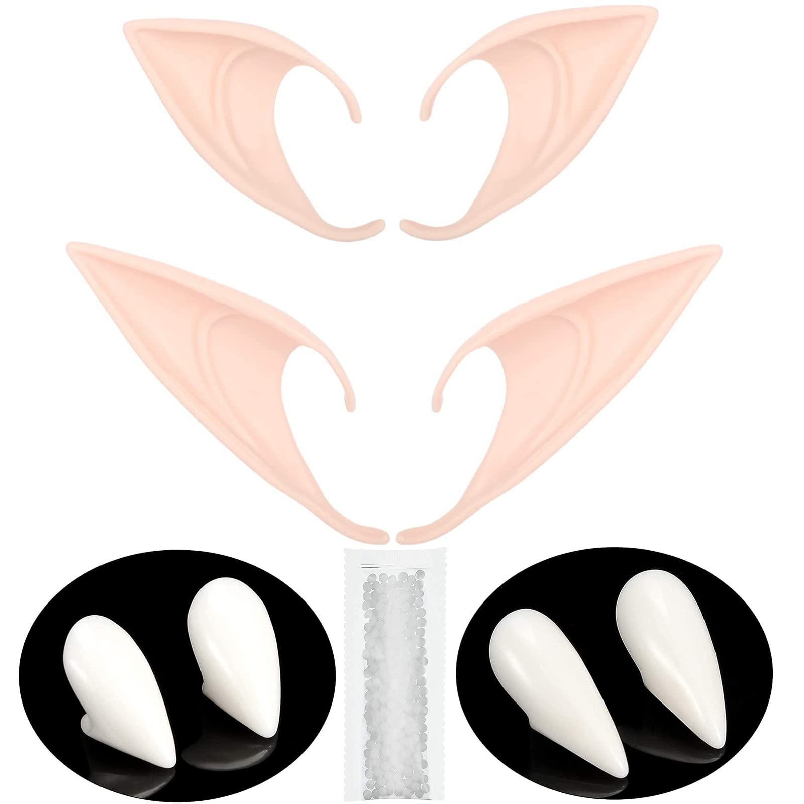 2 Pairs Latex Elf Ears-Fairy Elf Soft Pointy Goblin Ears,2 Sizes Werewolf Fangs Zombie Denture for Halloween Cosplay Costume Party Favors,for Halloween,Christmas, Masquerade Party Cosplay(4 PCS)