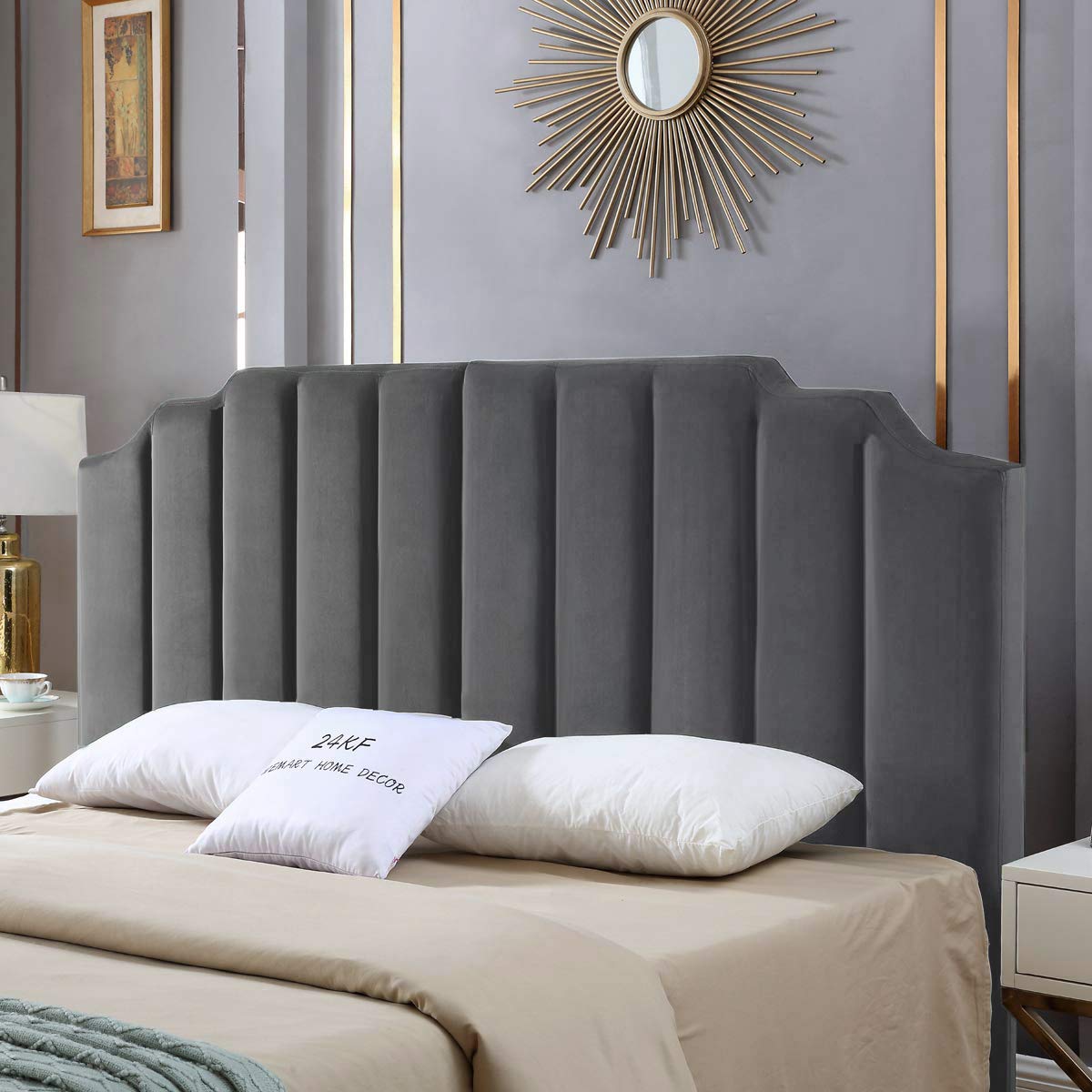 Photo 1 of ** MISSING INSTRUCTIONS AND HARDWARE**24KF Dark Gray Velvet Tufted King Upholstered Headboard, Modern Vertical Channel Design California King Headboard with Stepped Silhouette Top Edge,Dark Gray
