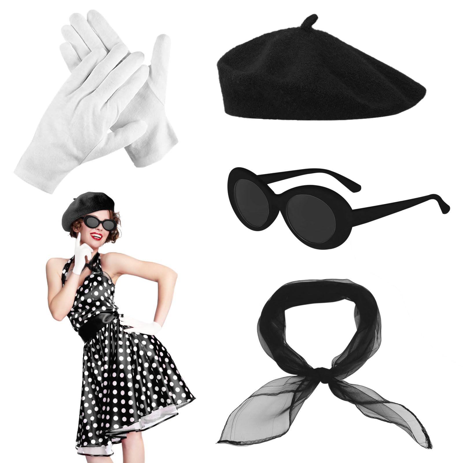 FUIPVGI 4 Pcs 50s Costume Accessories 50s Fancy Dress Retro Accessories Set French Women Costume Accessories Kit, Beret Scarf Sunglasses Gloves for Women Girls, 1950s Retro Party Decor (4 Pcs)