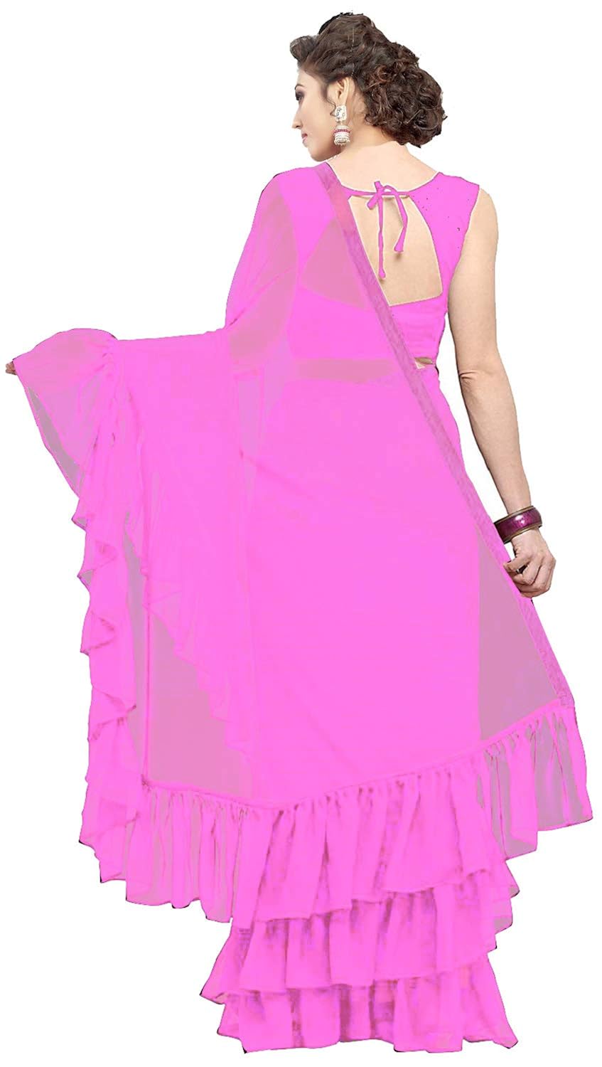 nena fashion women's georgette solid ruffle saree