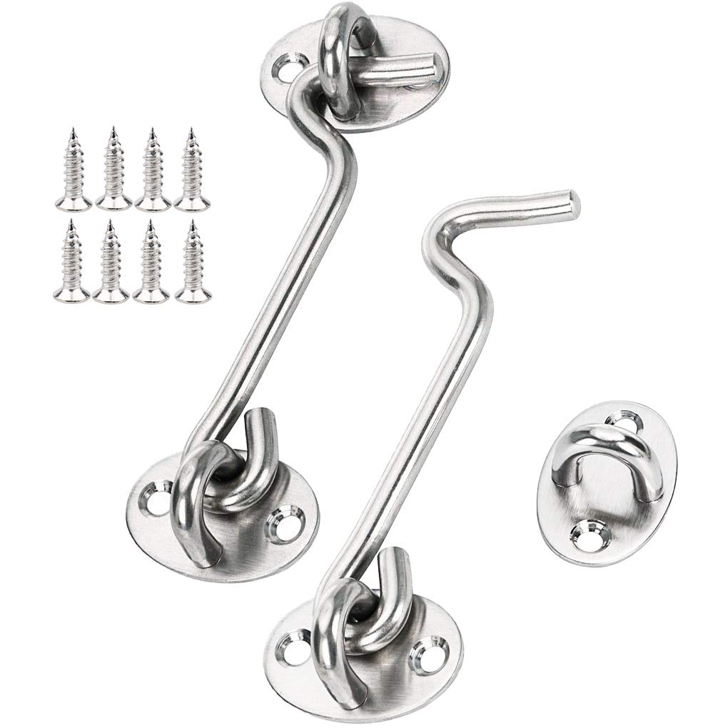 Tiberham Stainless Steel Cabin Hook, Heavy Duty Eye Latch Lock, Swivel Gate Door Shed Catch Window Brace Silent Holder with Mounting Screws, 95 mm/3.7 inches, Pack of 2