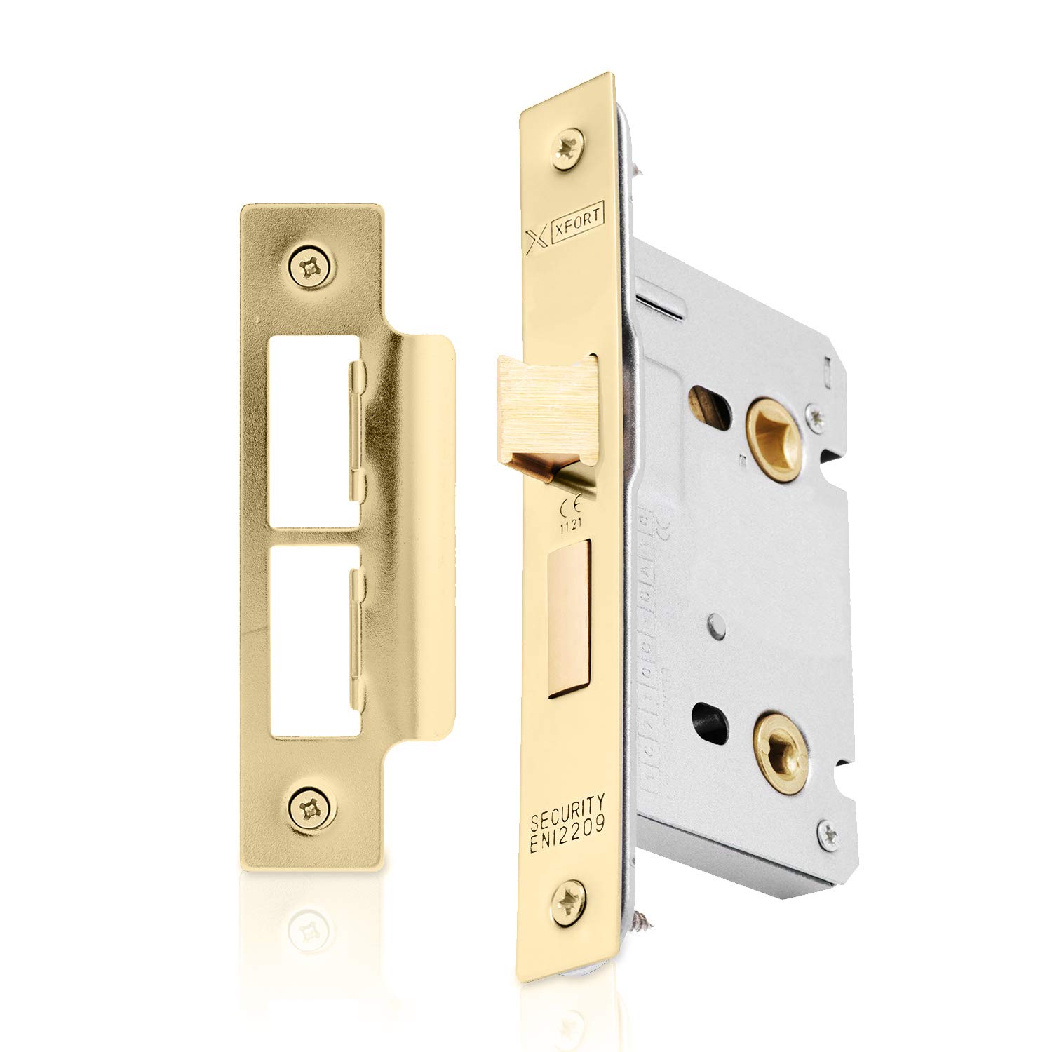 XFORT® Polished Brass Bathroom Lock 65mm for Internal Wooden Doors, Mortice Door Lock for Bathroom, Door Latch Mechanism and Thumbturn Locking Door Security, CE Approved and Fire Rated Protection
