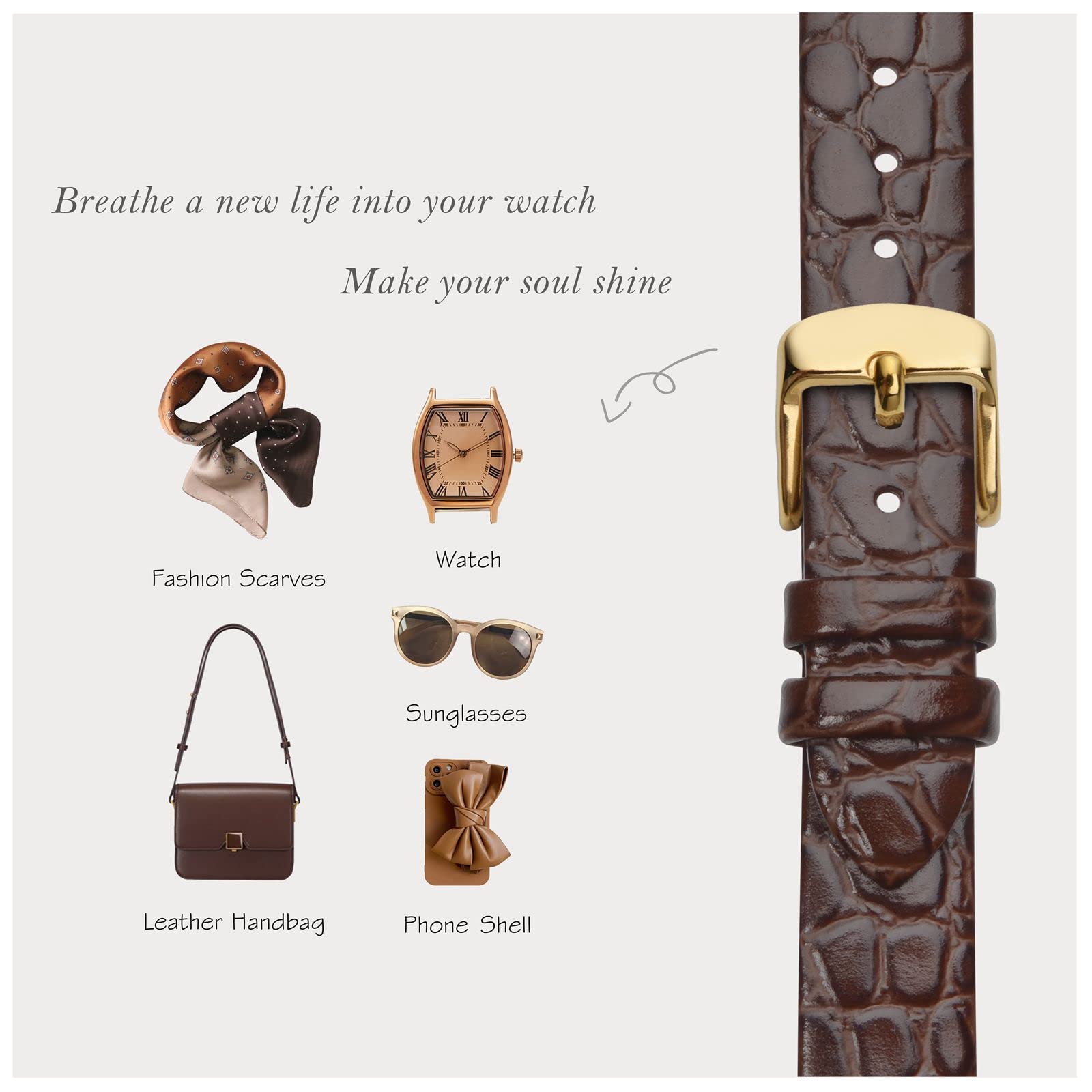 BISONSTRAP Watch Straps for Women, Crocodile Pattern Leather Thin Watch Replacement Bands, 8mm 10mm 12mm 14mm 16mm 18mm 20mm