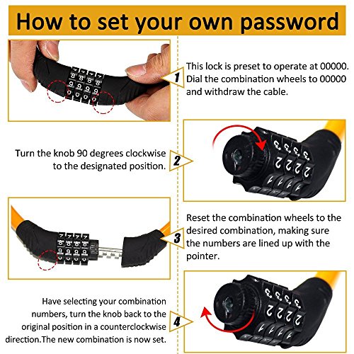 Sanwo Security Bike Lock 4 Digit Resettable Combination Cable Lock for Bicycle , 2 Feet x 1/2 Inch (Orange)