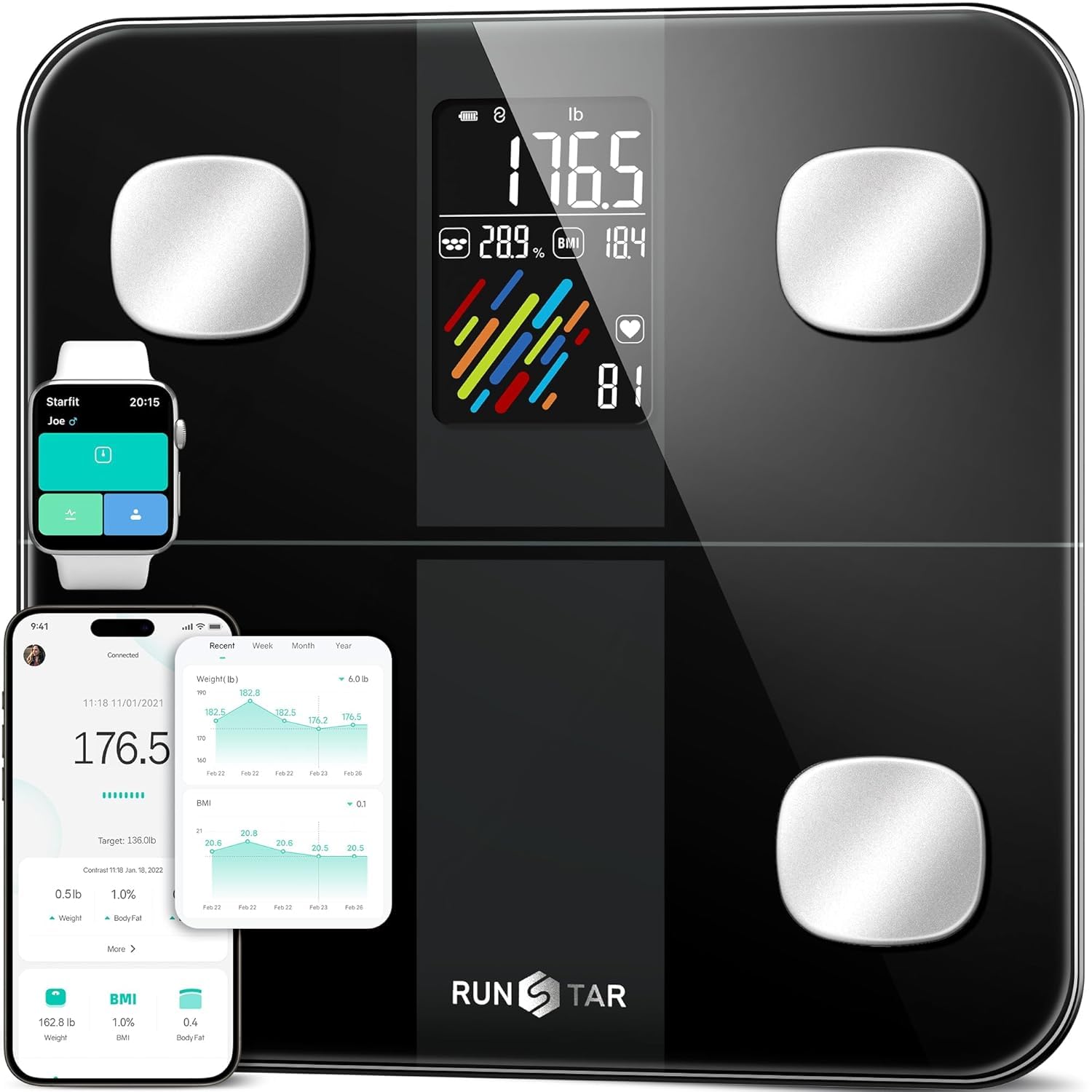 RunSTAR Körperfettwaage mit hohe Genauigkeit, Personenwaage digital mit großem Display, Waage Personen für 15 Körperzusammensetzungsmetriken, mit App-Synchronisierung, 180 kg/400 lb, Schwarz