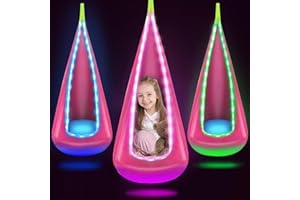 Bghdas Light Up Kids Pod Swing Seat, Hanging Hammock Chair with LED Lights, Upgraded Cotton Child Sensory Swing Seat, Sensory Swing for Autistic Kids Indoor & Outdoor Play (Pink)
