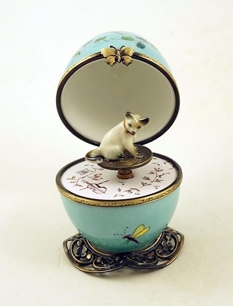 Amazon Authentic French磁器手描きリモージュボックスmusical Egg With Siamese Catキー インテリア オンライン通販