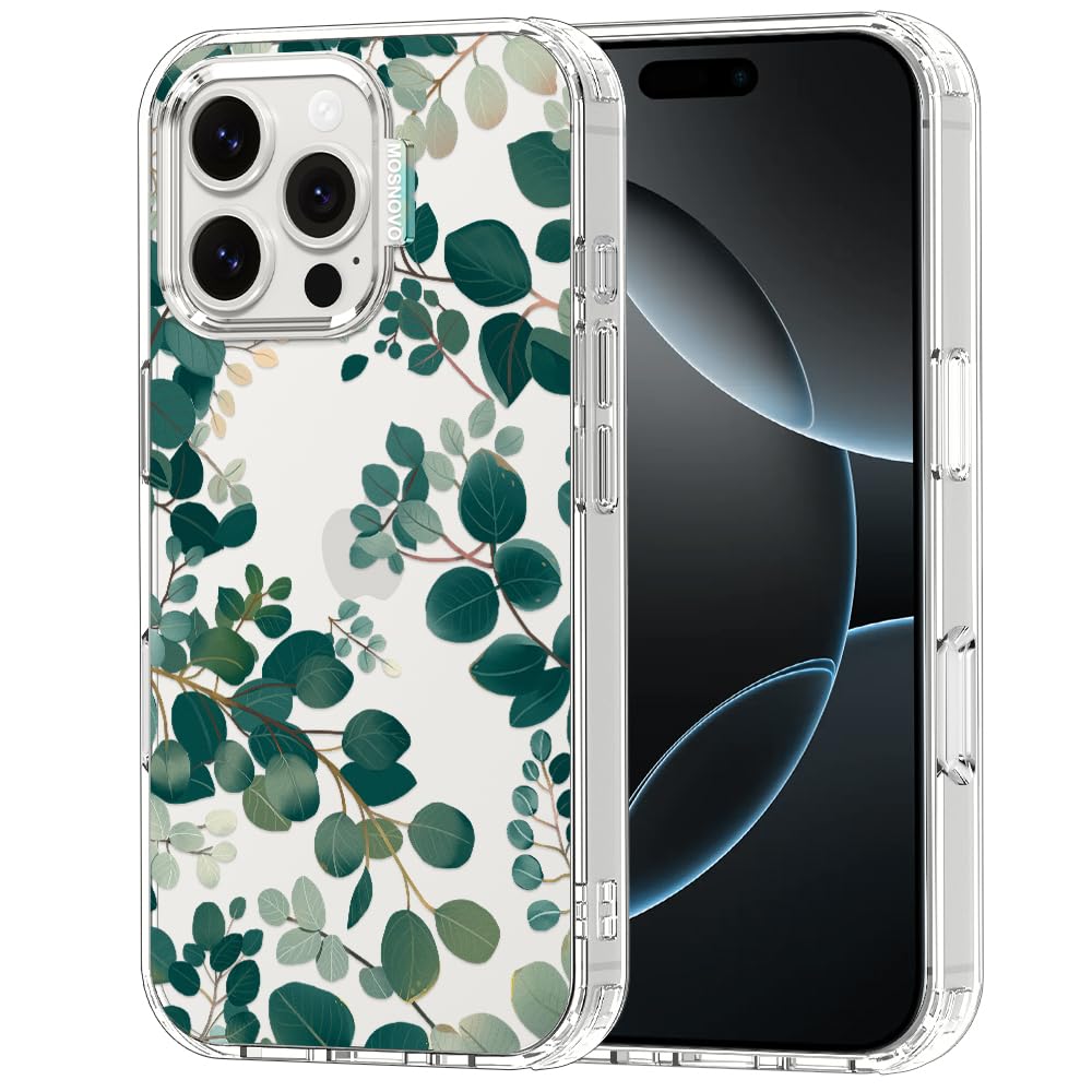 MOSNOVO Case for iPhone 16 Pro Max, [Buffertech 6.6ft Military-Grade Drop Protection] [Anti Peel Off Tech] Clear TPU Bumper Phone Case Cover Design - Eucalyptus