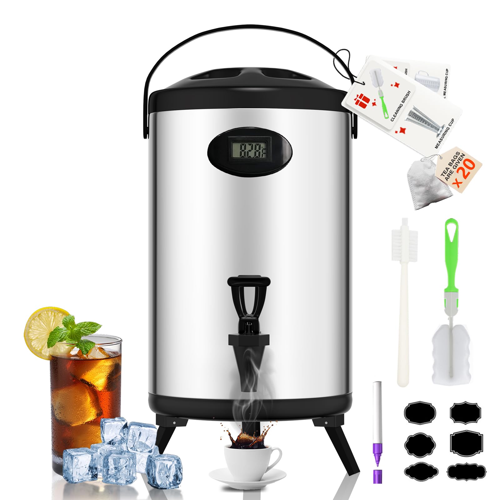 Photo 1 of 2 Gallon Insulated Beverage Dispenser - [Temperature Display] Cooler Drink Dispenser for Parties, Thermal Hot Water Dispenser, Cold Lemonade Dispenser with Stand for Coffee Juice Chocolate Tea, Silver