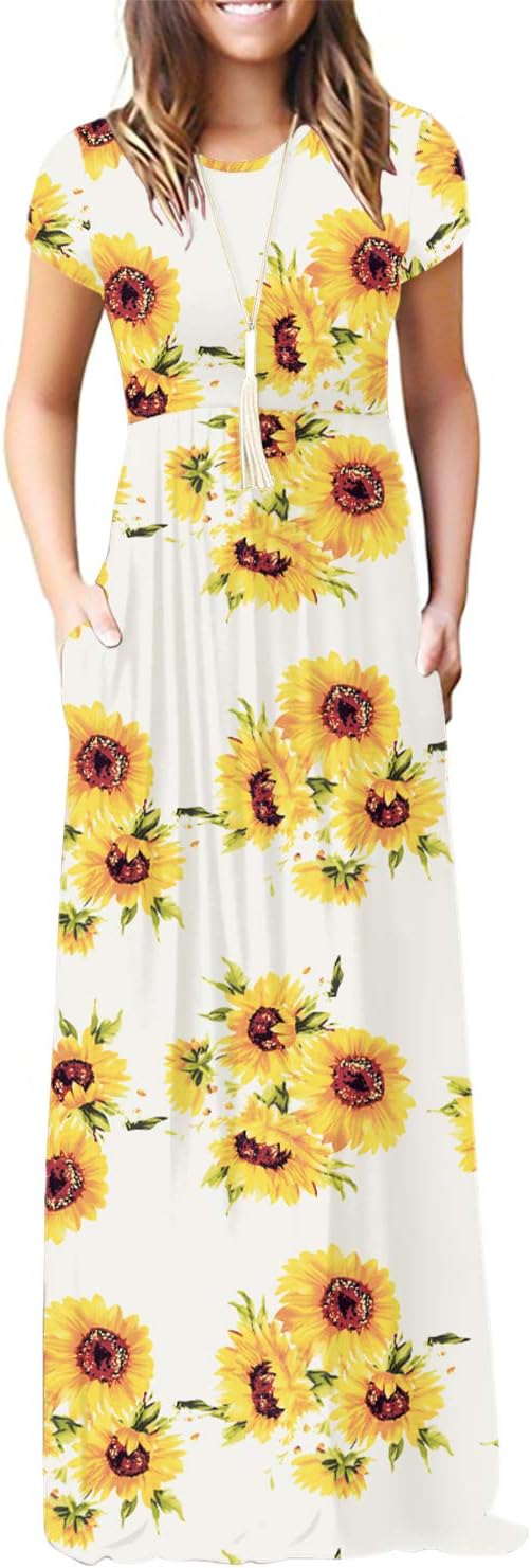 EUOVMY Women's Short Sleeve Loose Plain Maxi Dresses Casual Long Dresses with Pockets