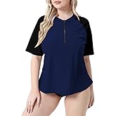 Halcurt Women's Plus Size Rash Guard Short Sleeve Swim Shirts Loose Fit UPF50+ Sun Protection Swimsuit Top Only