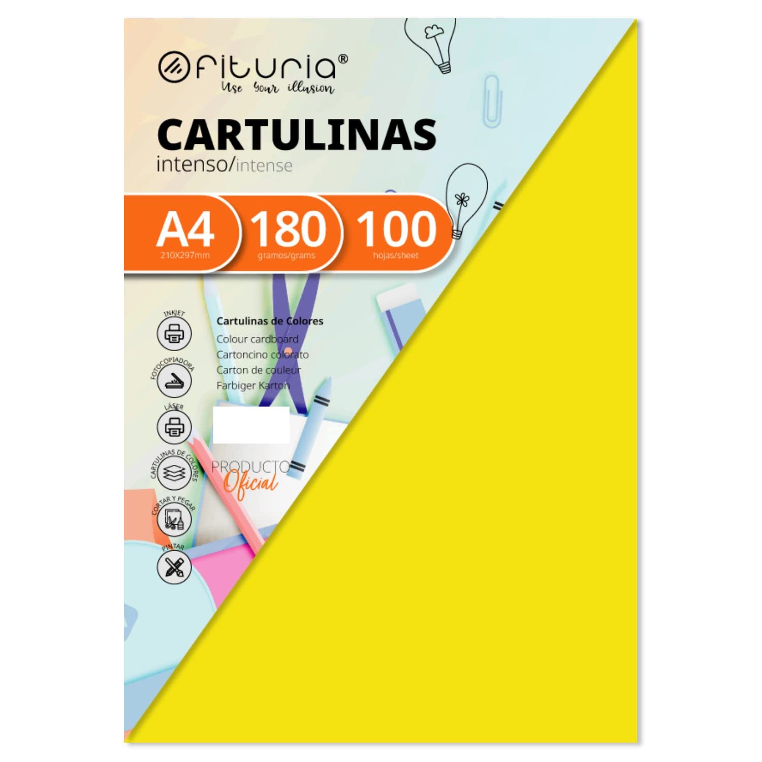 Pack of 100 Cartulinas Colour Amarillo FuerteTamaño A4 180 g