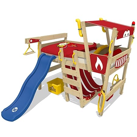 WICKEY Hochbett mit Rutsche CrAzY Smoky Kinderbett 90 x 200 Spielbett Kinder mit Lattenboden und viel Zubehör, Feuerwehrbett,