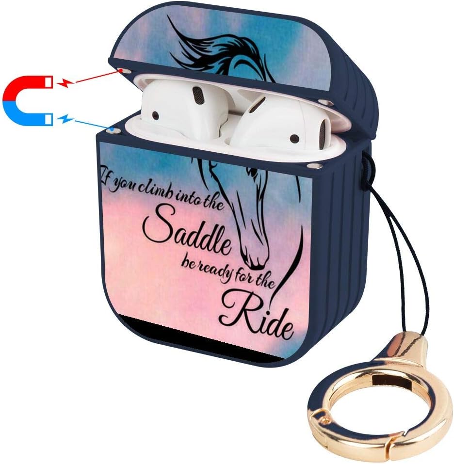 Blue Striated Wireless Airpods Case Shockproof Cover with Magnet and Ring Horse Quote