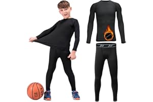 HOPLYNN Youth Boys'Thermal Compression Set Fleece Lined Long Bottom and Long Sleeve Base Layer Warm Ultra Soft Black