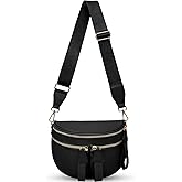 CEUTNIZ Bum Bags for Women Crossbody,Nylon Bum Bag Large Pure Color Fanny Pack Double Pockets Oversized Slouchy Belt Bag (Black)