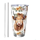 Ouqiuwa Highland Cow Tumbler Cow Flower Stainless Steel Insulated Tumblers With Lid And Straw 20oz Coffee Cup Travel Mug Mug Cup For Men Women