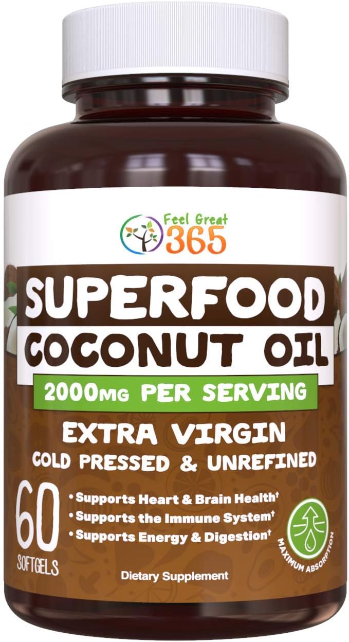 Organic Coconut Oil Superfood Softgels by Feel Great Vitamin Co. | Organic, Unrefined& Non-GMO Includes MCT's to Support Metabolism, Healthy Gut, Mood, and Energy Level.*