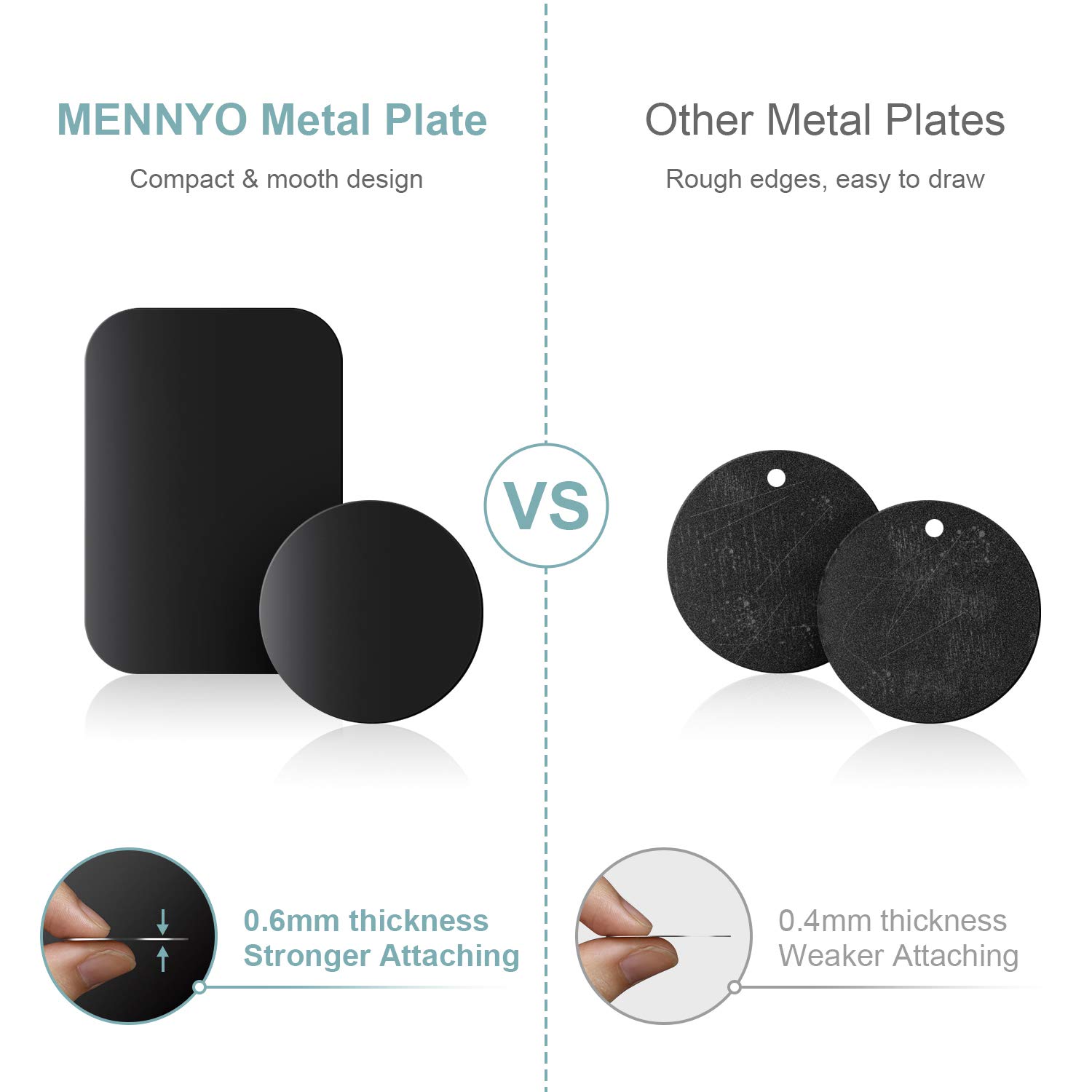 MENNYO Plaques de métal Lot de 12 pour Support téléphone Voiture magnétique, Plaque de métal Mince avec Adhésif pour Aimant de téléphone - 6 Rondes et 6 Rectangles