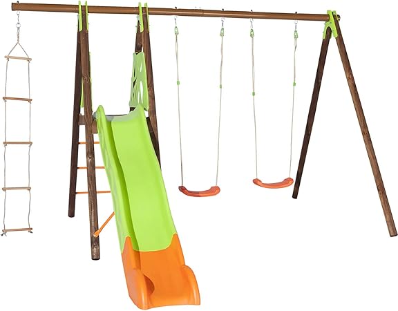 Trigano Schaukel Xalto Aus Holz Und Metall Mit Plattform Rutsche Strickleiter Und 2 Schaukelsitze Amazon De Garten