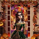 Day of The Dead Door Cover Dia De Los Muertos Door Banner Sugar Skull Skeleton Floral Mexican Fiesta Backdrop Halloween Home Party Decor Outdoor Indoor Photo Props (3x6FT)