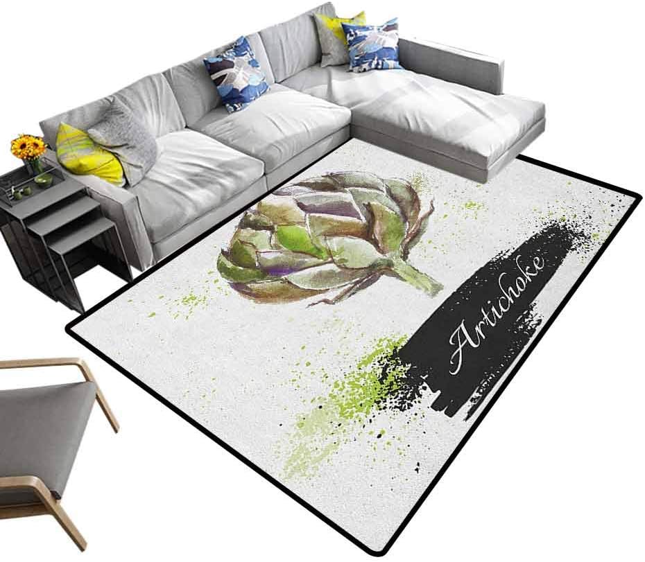 Artichoke Indoor Floor Mat Hand Drawn Delicious Fresh Vegetable Healthy Menu Good Eats Super Food Carpet for Home Decor Fern Green and Black (5'x8')