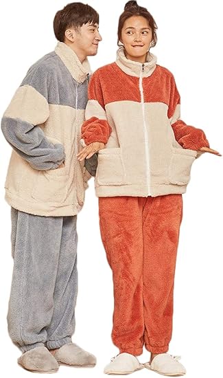 Amazon パジャマ レディース 冬 メンズ 冬用 毛 ペアパジャマ もこもこ かわいい ルームウェア カップル 上下セット 部屋着 ナイトウェア 長袖 フランネル 厚着 お歳暮 冬 ギフト フード付き 前開き 可愛い 刺繍 パジャマ ルームウェアセット 通販
