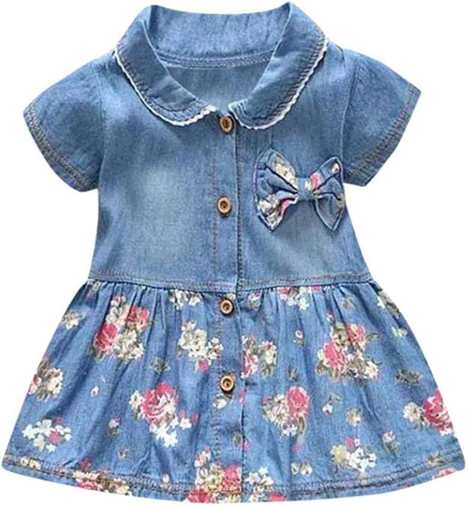 Infant Baby Girls Denim Dress Floral Print Bowknot Short Sleeve
