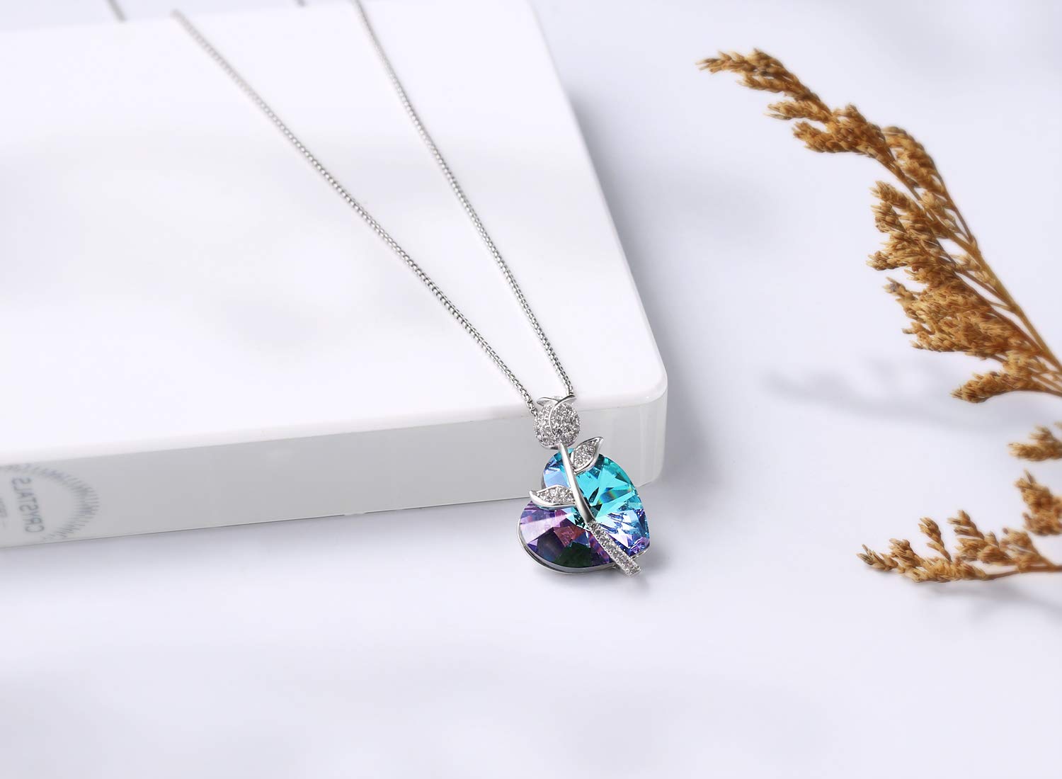 Swarovski Element Necklace Color Changing Crystal Rose Love Pendant Necklace for Women, Birthday Birthstone Jewelry Gifts for Girl, Amethyst Purple Pink, 18\