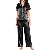 Verdusa Women's Striped Silk Pajamas Set Button Down Short Sleeve Tops Long Pants Sleepwear