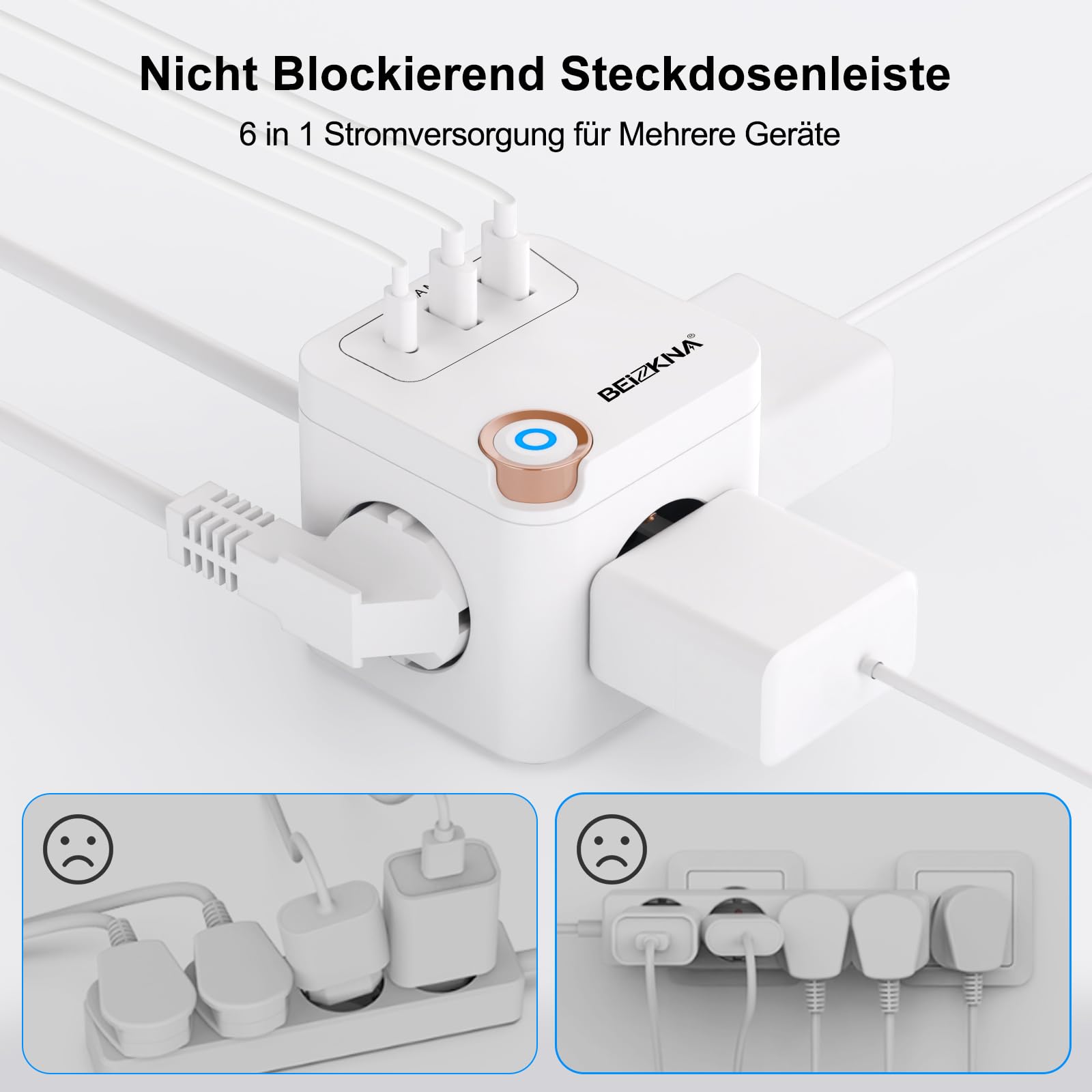 Steckdosenwürfel USB C Mehrfachsteckdose Steckdosenleiste 3-Fach Steckerleiste Überspannungsschutz Steckdose Mehrfachstecker Cube Würfel Steckdosen mit Schalter für Büro Hause 1.5M Kabel, Weiß 5