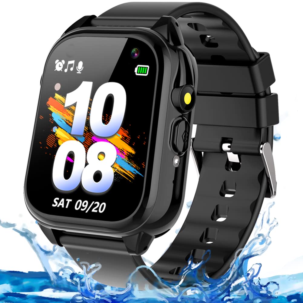 OVV Smart Watch for Kids Waterproof Boys Girls Learning Toys Watches with 26 Puzzle Games Camera Video Music Player Pedometer HD Touchscreen Alarm Clock Flashlight Children Age 3-12 (1. Black)