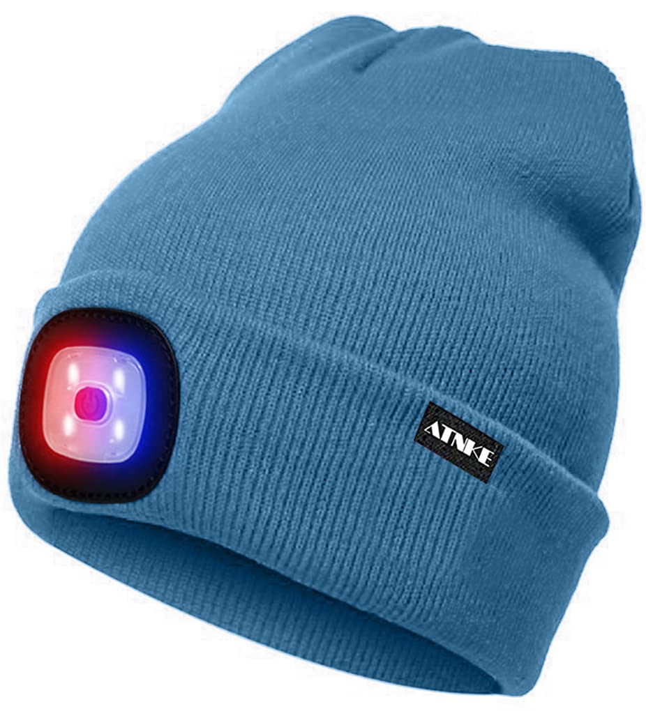 ATNKE LED Lighted Beanie Cap,USB Rechargeable 4 LED Red and Blue Glow Flashing Running Headlamp Hat Winter Warm Gifts for Men and Women/Magnolia Blue