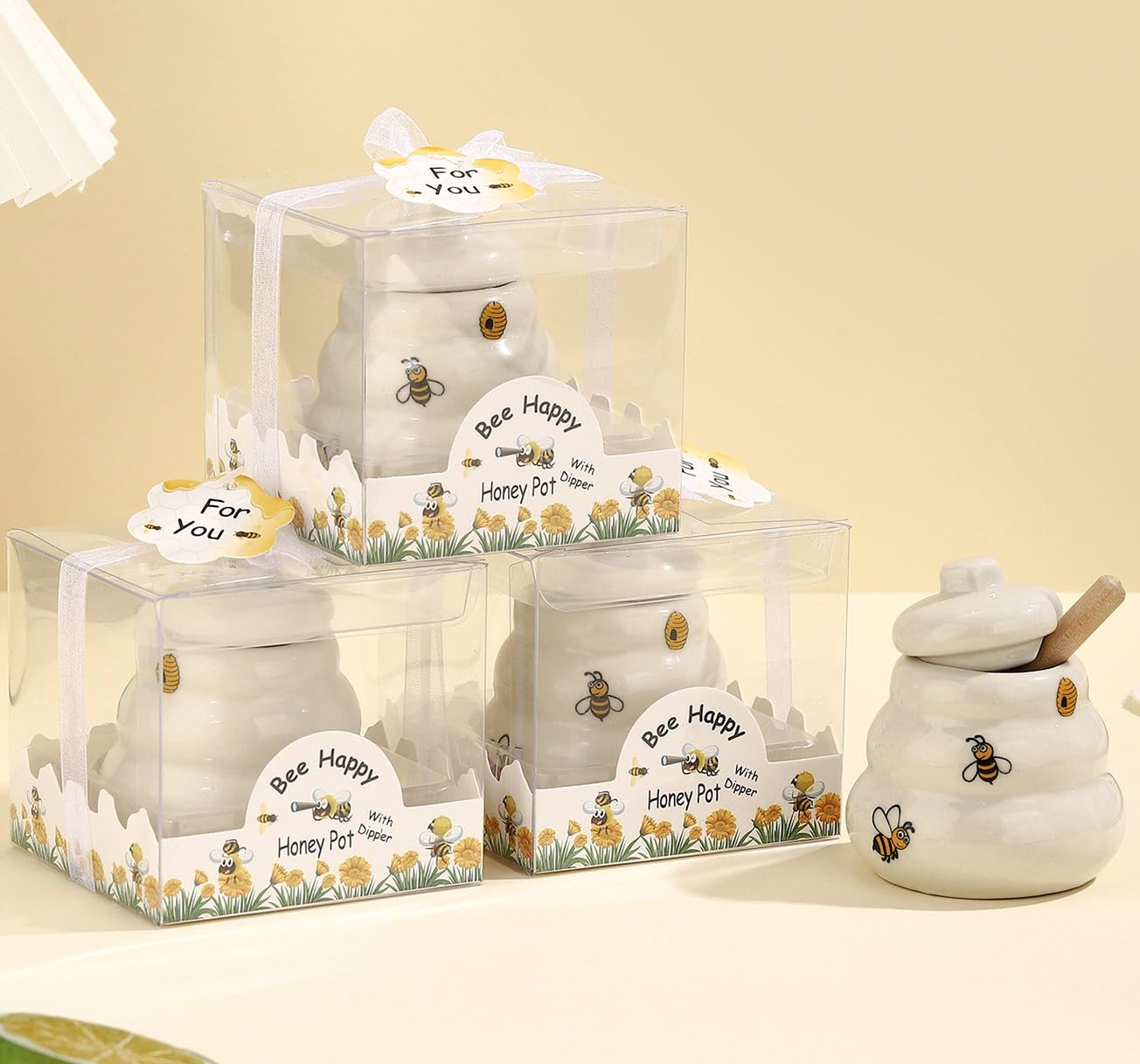Photo 1 of 12 Sets Ceramic Bee-Happy Honey Pot with Dipper?Honey Jar Serving Set with Exquisiting Package for Wedding Favor,Bridal Shower Favor, Baby Shower Favor?Party Favor (12)