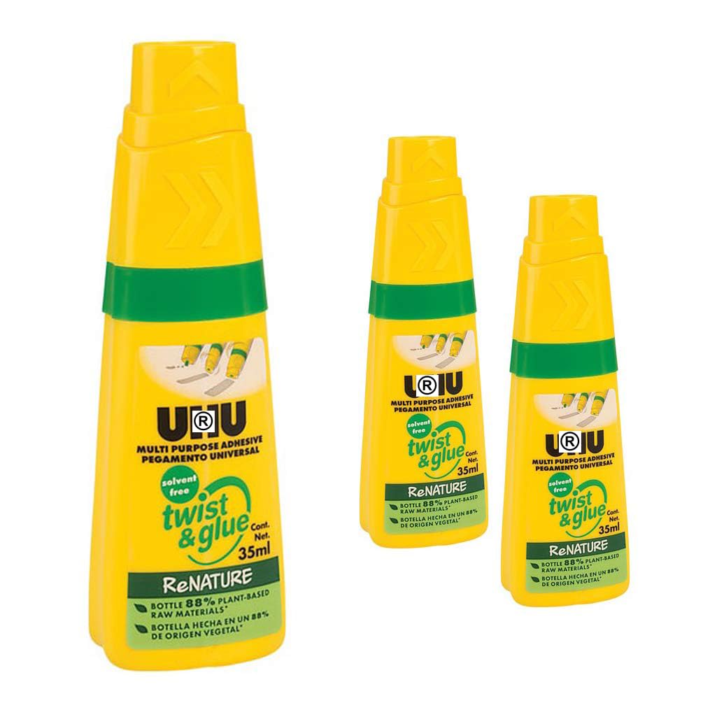 3 x UHU Twist & Glue Universal, Clear, Solvent-Free Adhesive, 35ml Bottle, Multi Purpose Applications for Home & Classrooms
